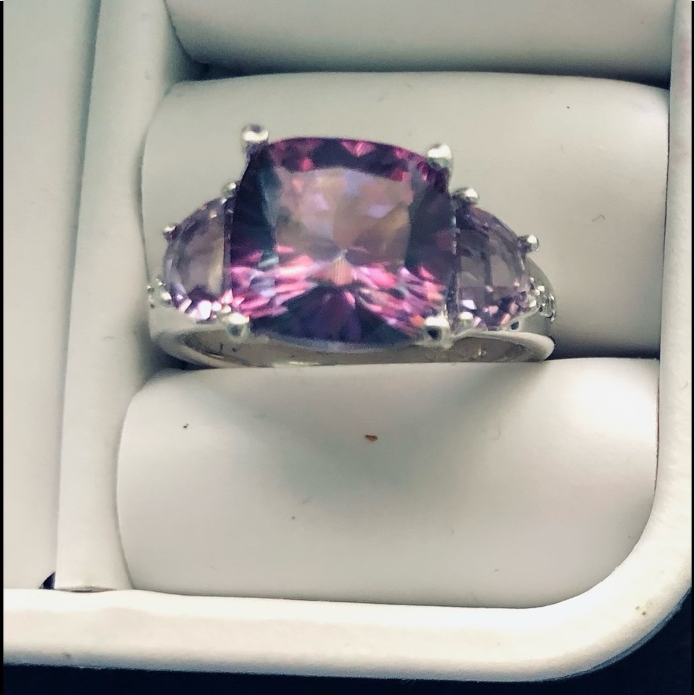 Amethyst Color CZ with created Amethyst trillion accents ring